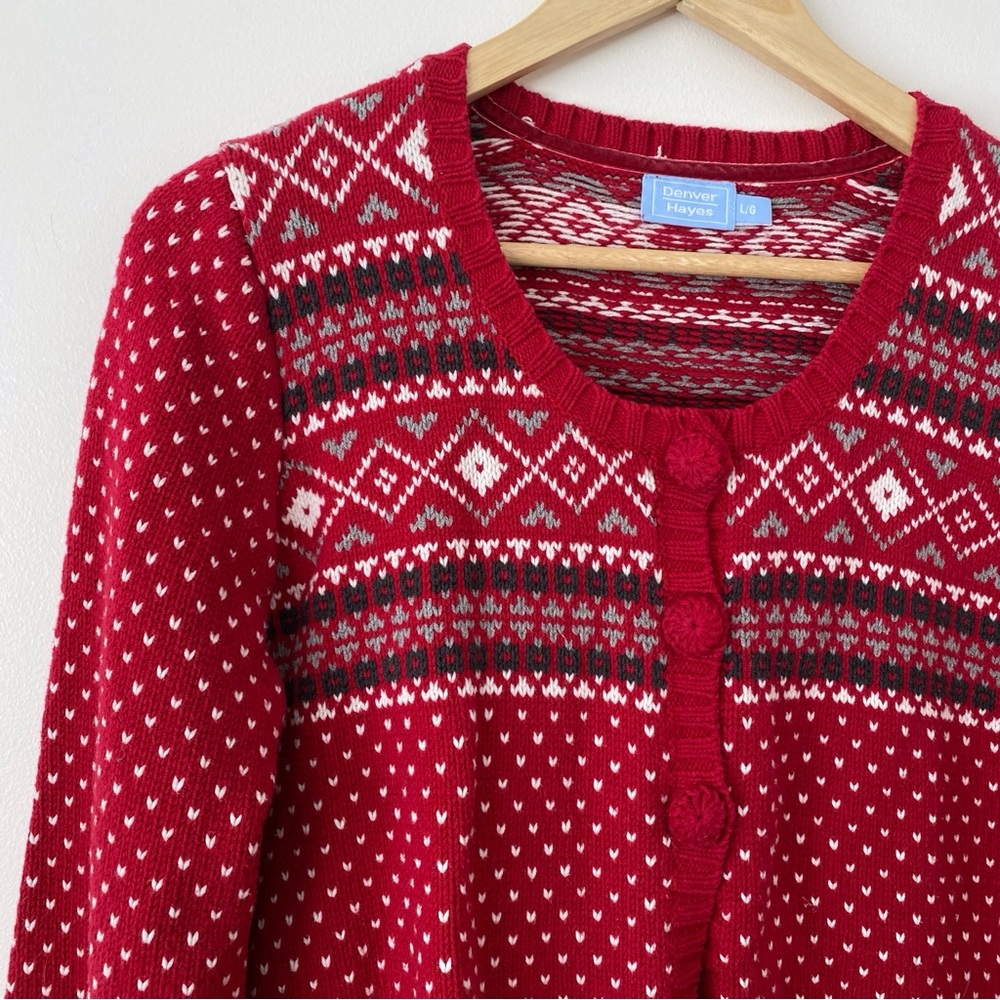 Denver Hayes Red & Grey Fair Isle Cardigan